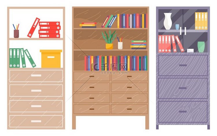 套有五颜六色的书的木书柜。