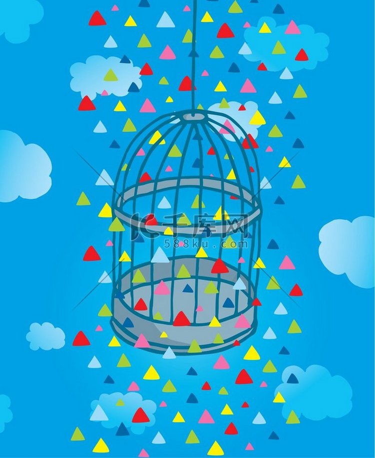 鸟笼周围彩色三角形的卡通插图