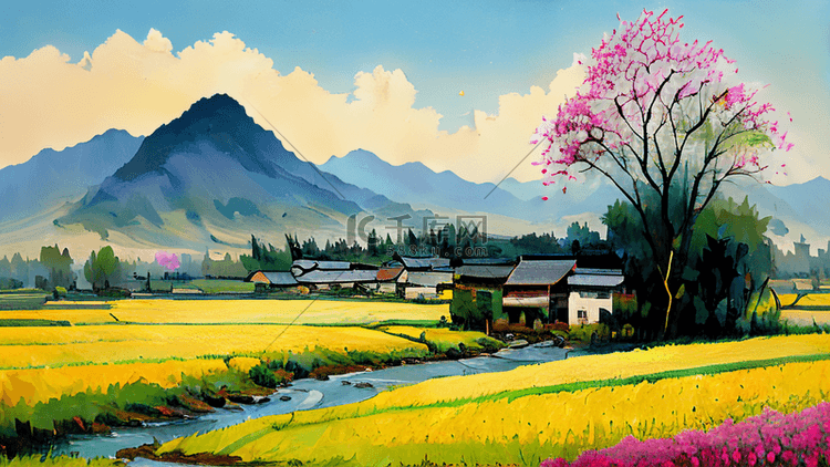 水彩夏天田野乡村风景