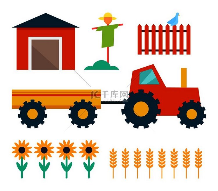 带拖车和建筑棚的农用拖拉机。
