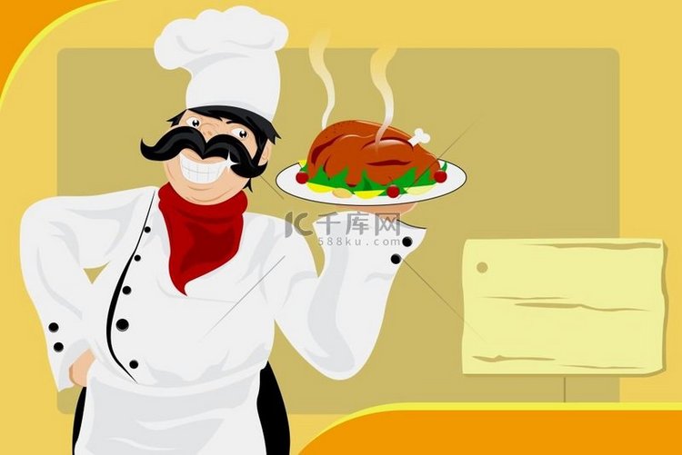 一位餐厅厨师端着一盘烤鸡餐的矢
