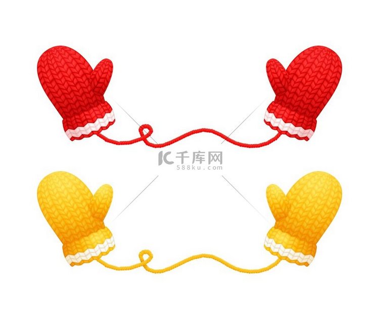 红色和黄色厚实针织手套，带白色