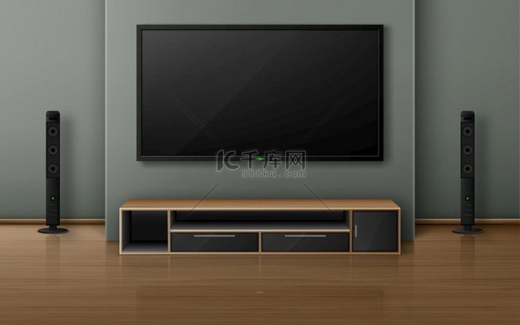 现代客厅配有电视屏幕和扬声器的