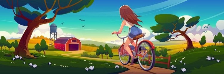 骑自行车的女孩骑着农村土路。