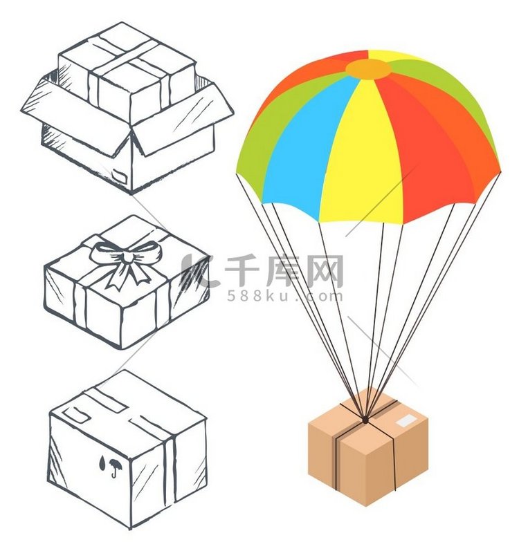 纸板包裹和带盒子的彩色降落伞的