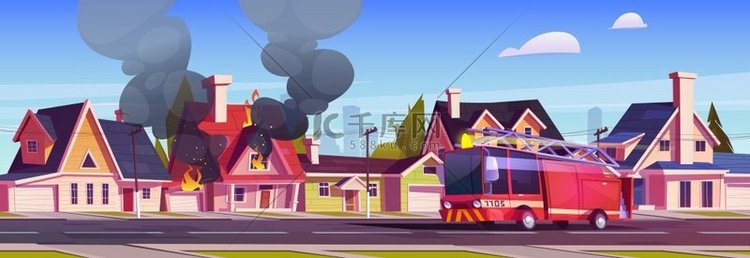 在郊区有小屋的燃烧房子的消防车