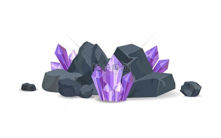 灰色石头中的紫色晶体逼真珍贵的