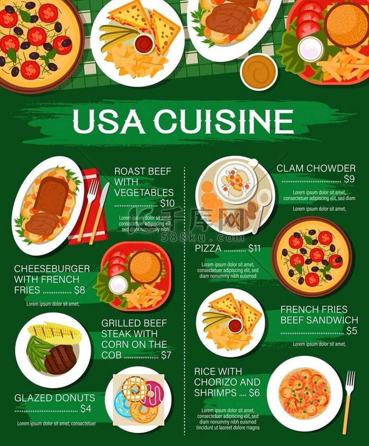 美国美食菜单、餐厅牛排和咖啡馆