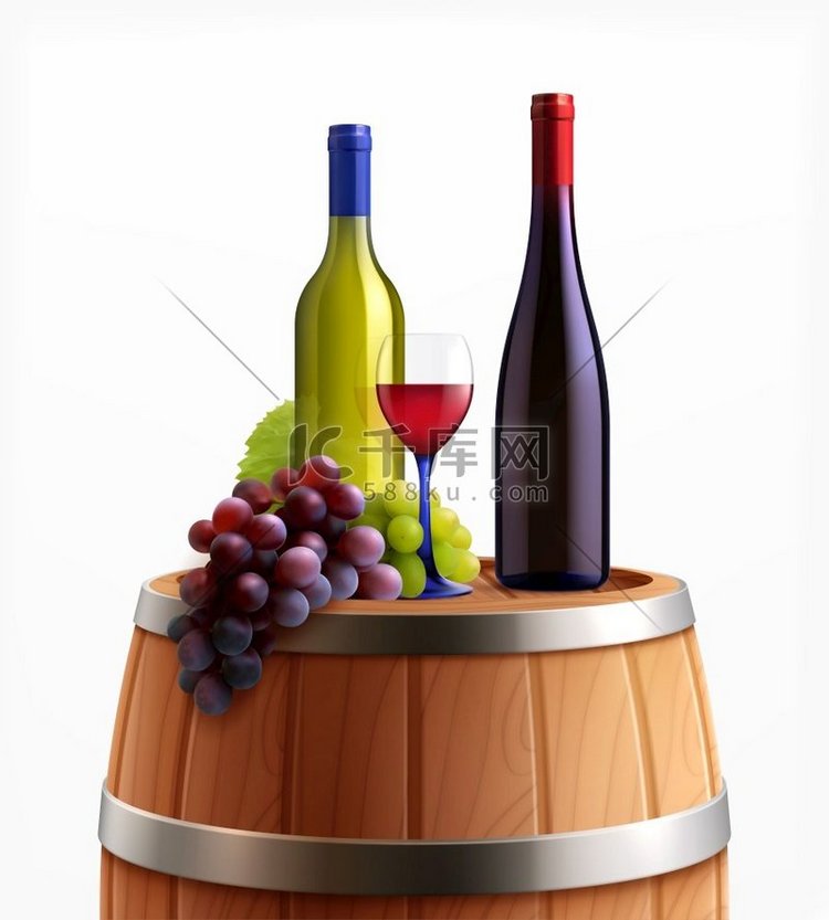 木桶上的葡萄酒逼真组合物，瓶顶