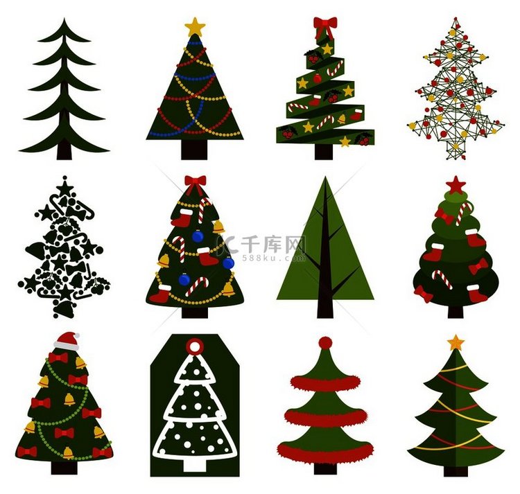 大套圣诞树符号，有或没有装饰元