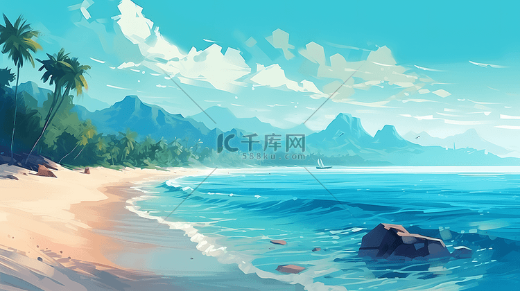 蓝色大海海浪沙滩背景插画