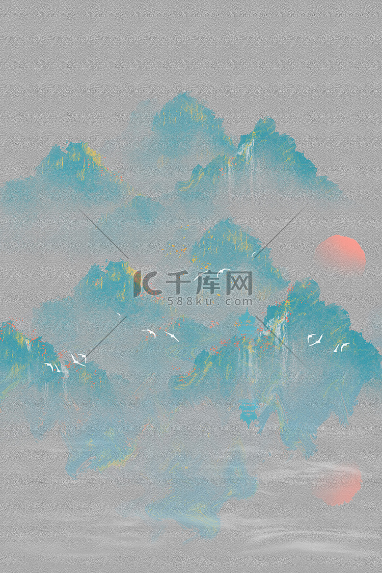 中国风水墨淡彩绿水青山背景底纹