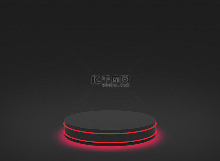 3D红色霓虹灯与黑色圆柱形讲台