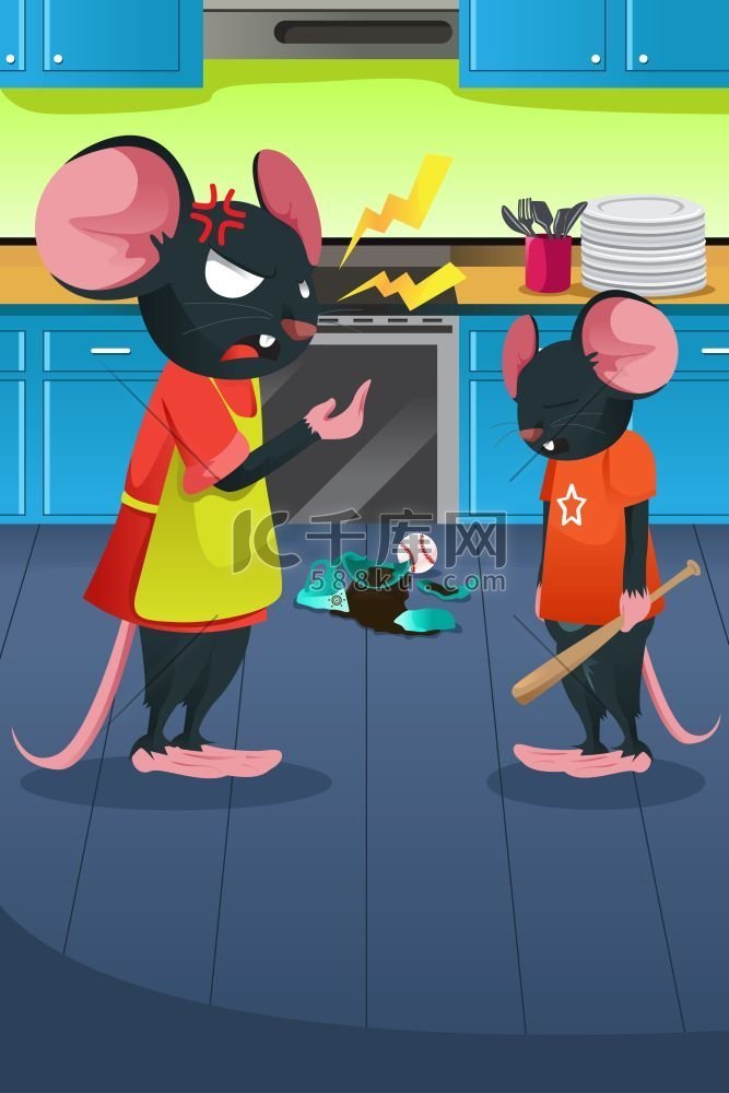 愤怒的老鼠在厨房里对她的孩子大
