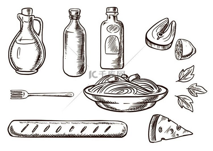 意大利面食素描设计，包括意大利