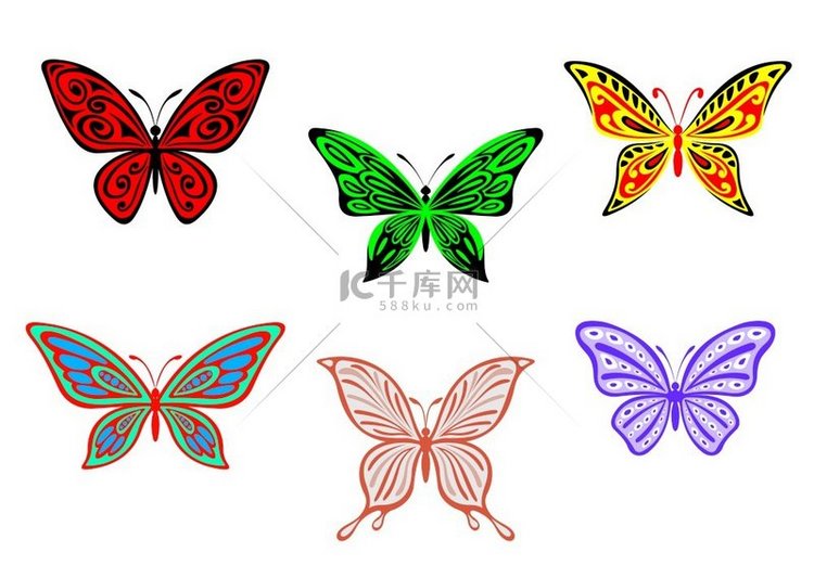 一组彩色蝴蝶在白色背景下被隔离