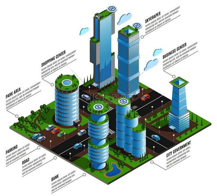 等距未来派摩天大楼信息图表与购