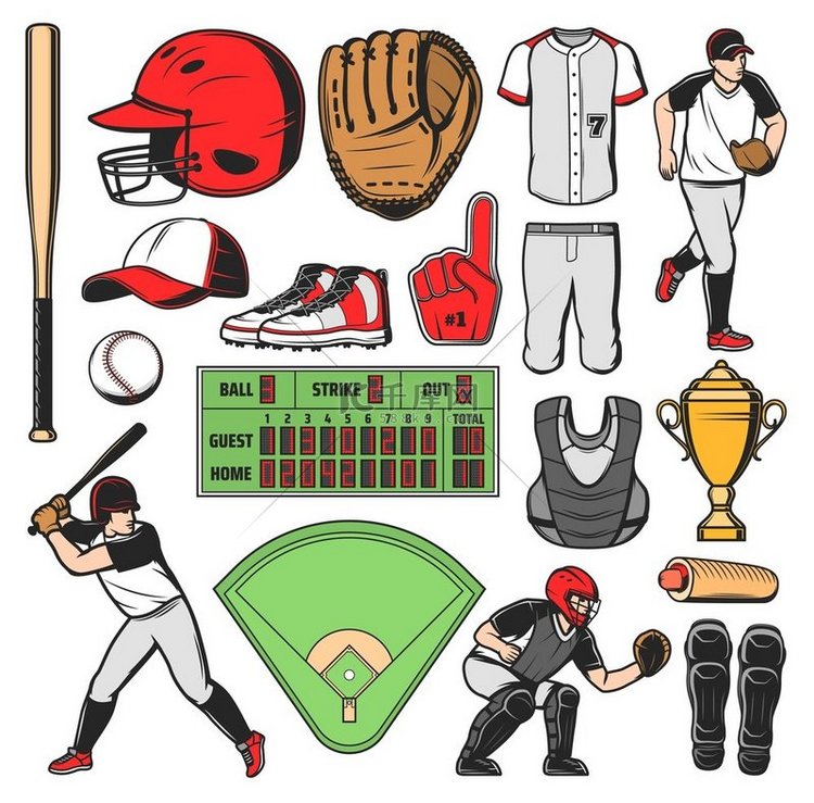 棒球运动比赛设备、球员和场地。