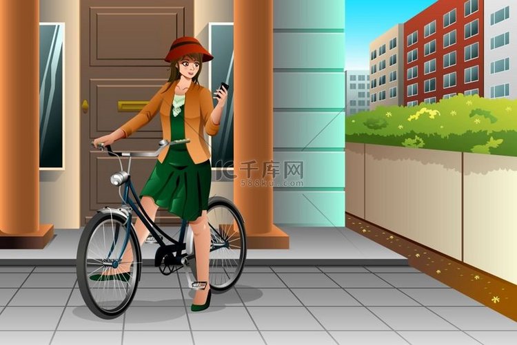 一个女人骑自行车时看手机的矢量