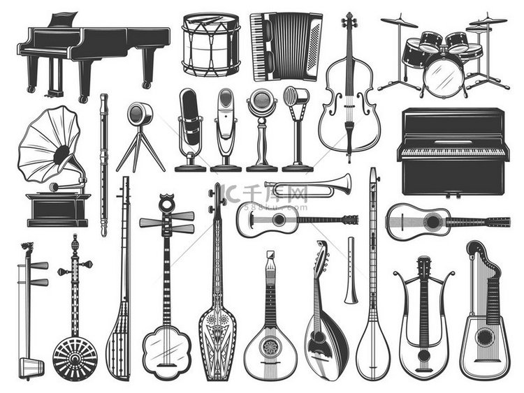 乐器图标、鼓、小提琴、吉他和钢