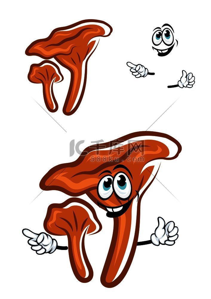 快乐的棕色鸡油菌蘑菇卡通人物，