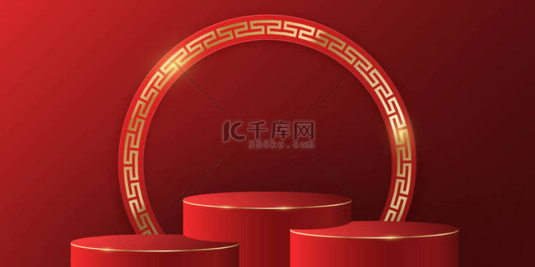 亚洲风格的3D讲台与红墙,展示