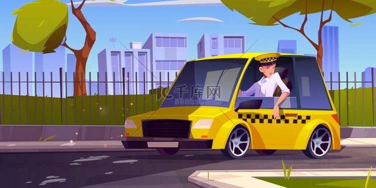 黄色汽车的出租车司机在城市街道