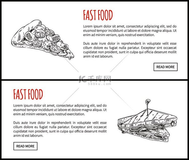 快餐披萨片和三明治单色草图勾勒