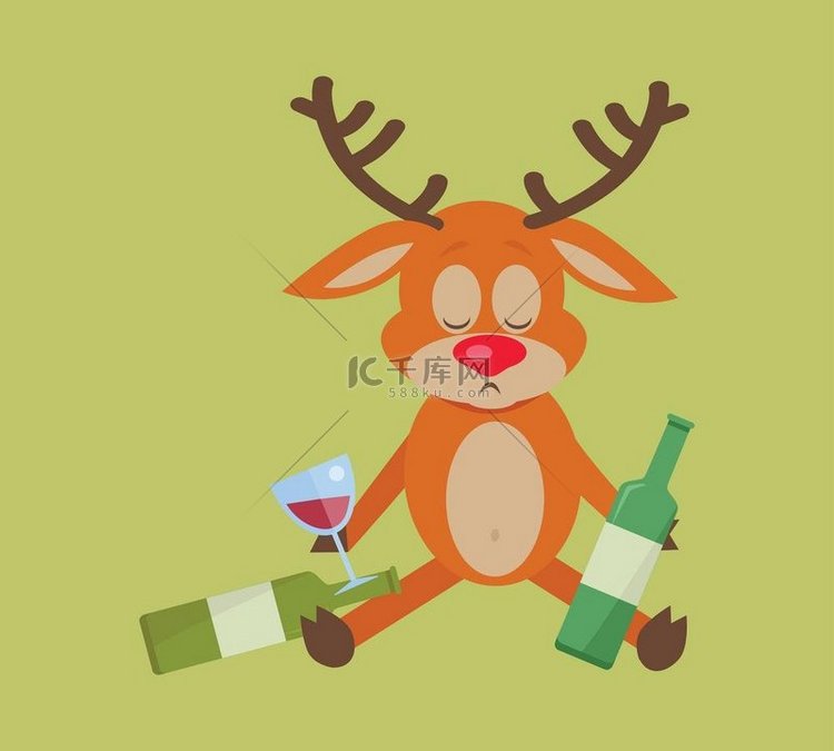 鹿与瓶酒隔离在绿色.. 鹿与瓶
