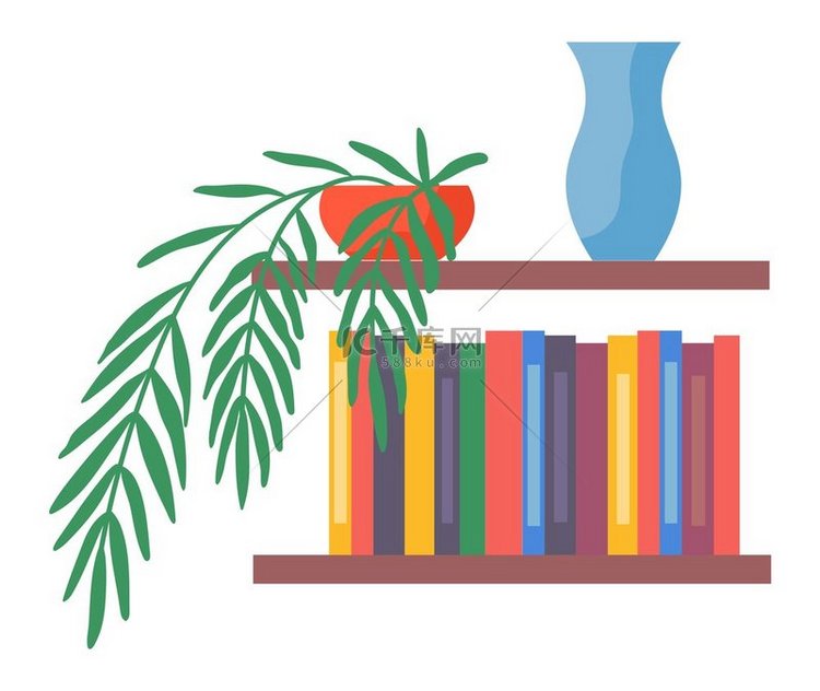 书架与书籍和室内盆栽植物。