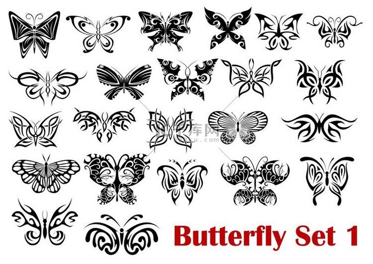 一组华丽的蝴蝶剪影图标，平面展