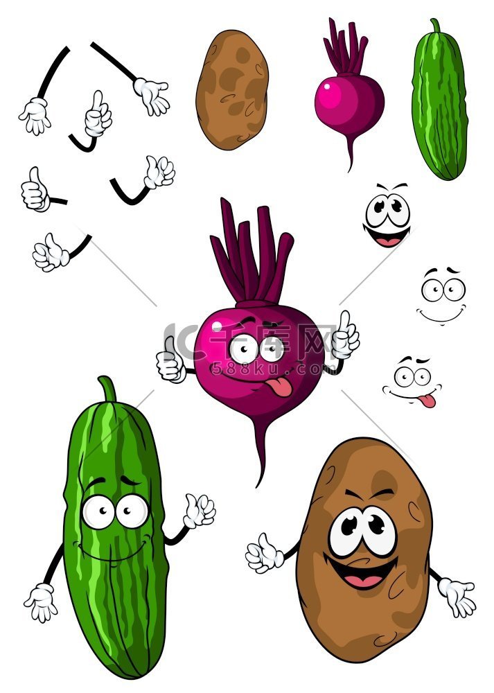 卡通风格的黄瓜、土豆和甜菜蔬菜