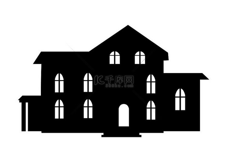 黑色建筑图标特写剪影，带门窗的