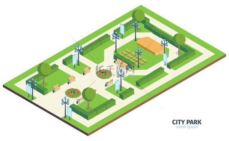 等距城市公园构图带文本城市公共