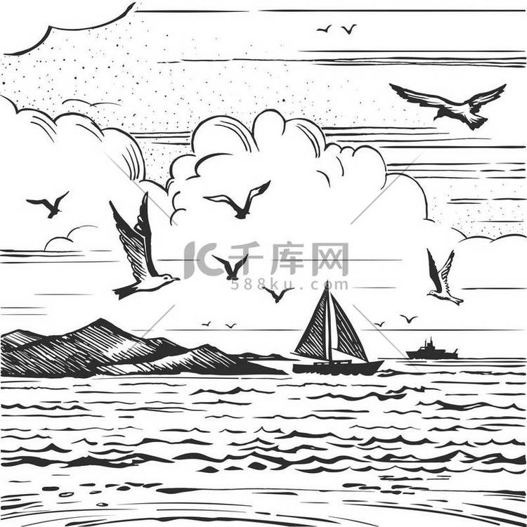 素描与游艇和海鸥海景