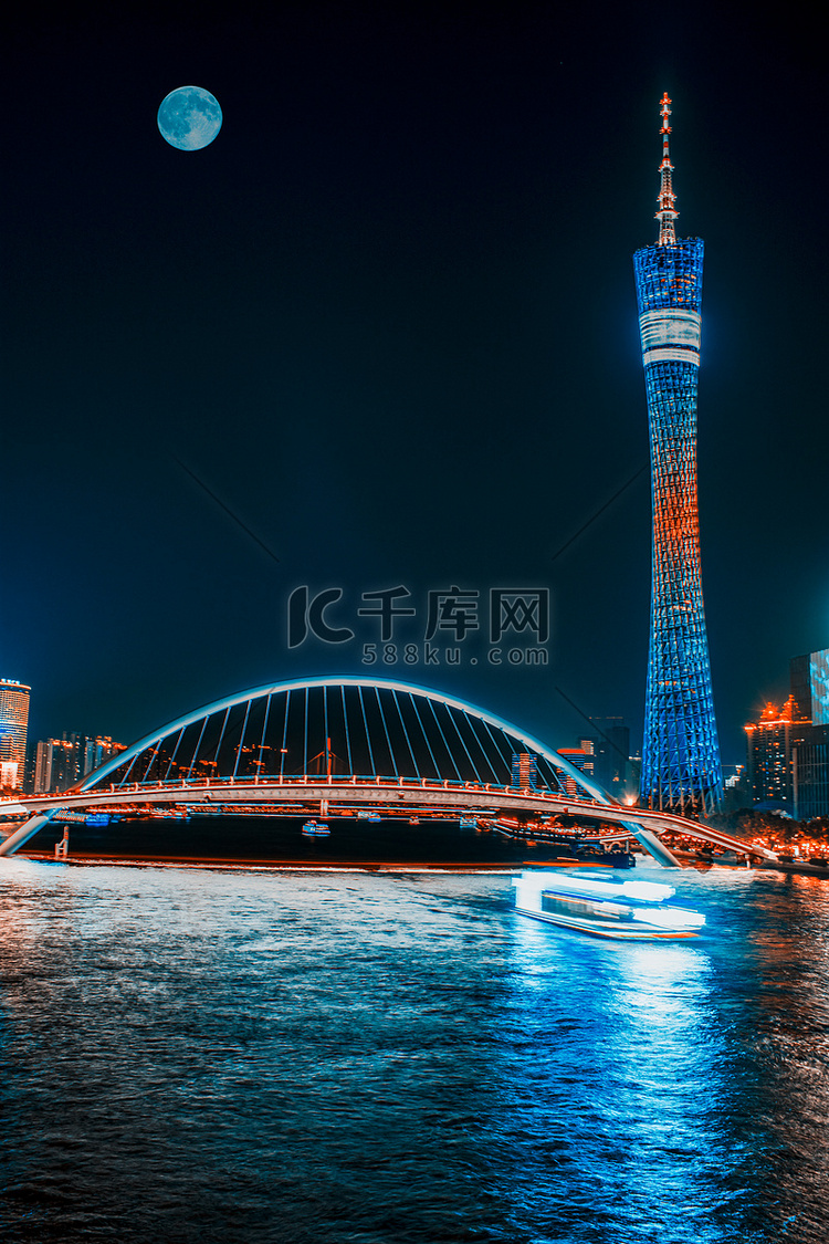 广州珠江海心步行桥广州塔夜景摄