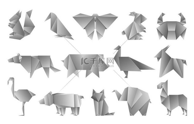 白色折纸动物几何折叠纸形状抽象