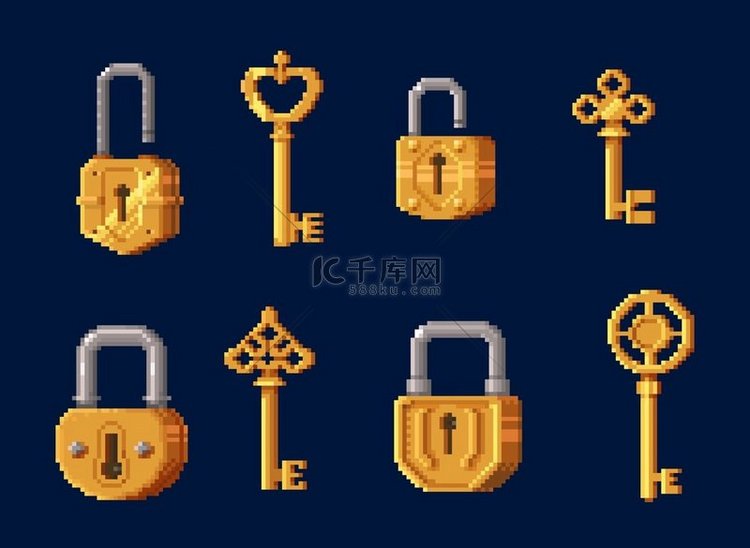 黄金钥匙和挂锁的游戏资产像素艺