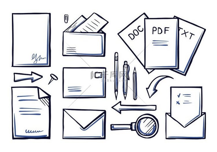 办公用品纸张和文档单色草图图标