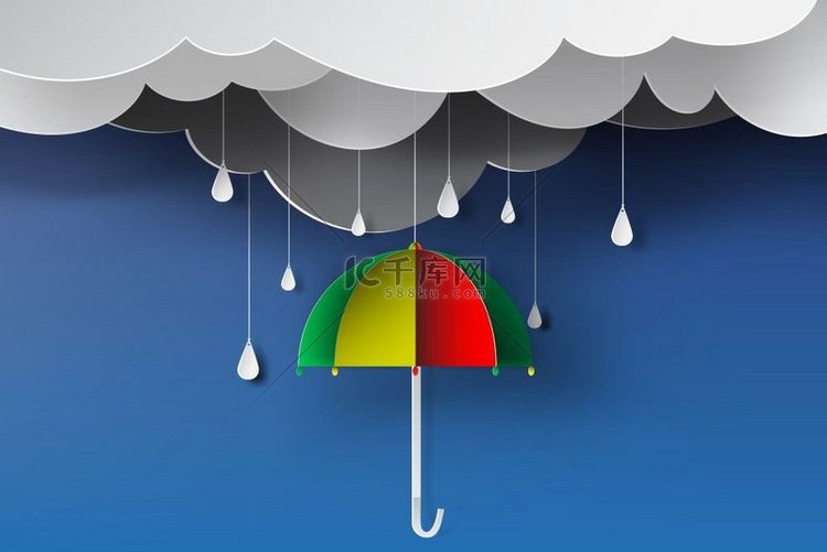 雨季蓝天矢量的彩色雨伞纸艺术
