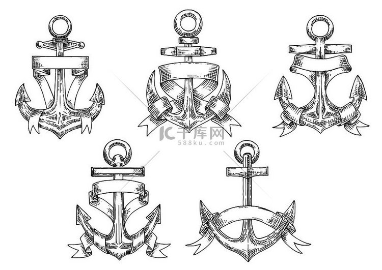 老式船锚的草图，用带有分叉末端