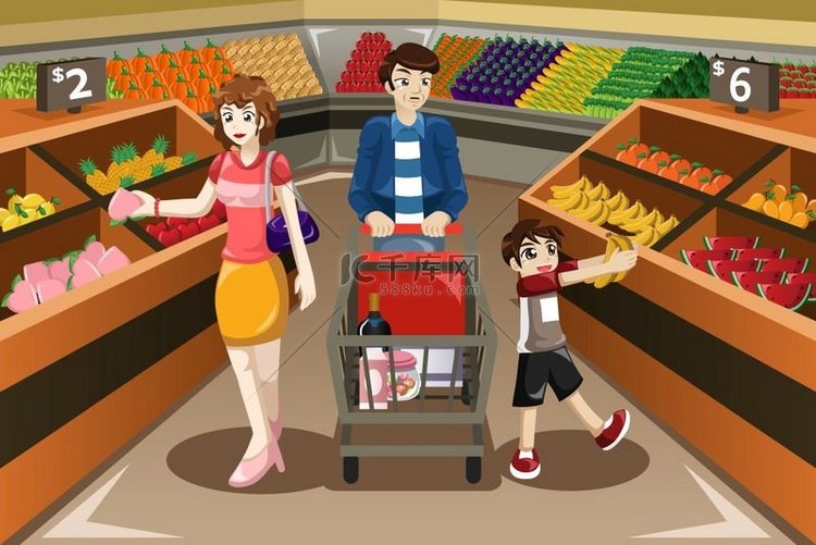 一家超市快乐家庭购物水果的矢量