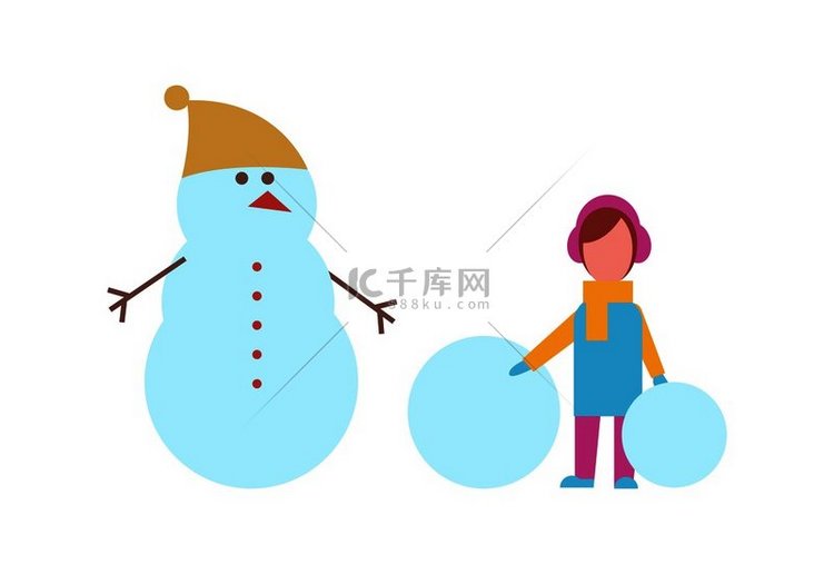 冬季活动，戴帽子的雪人和拿着雪