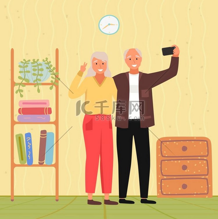 老年夫妇拿着手机拍照。