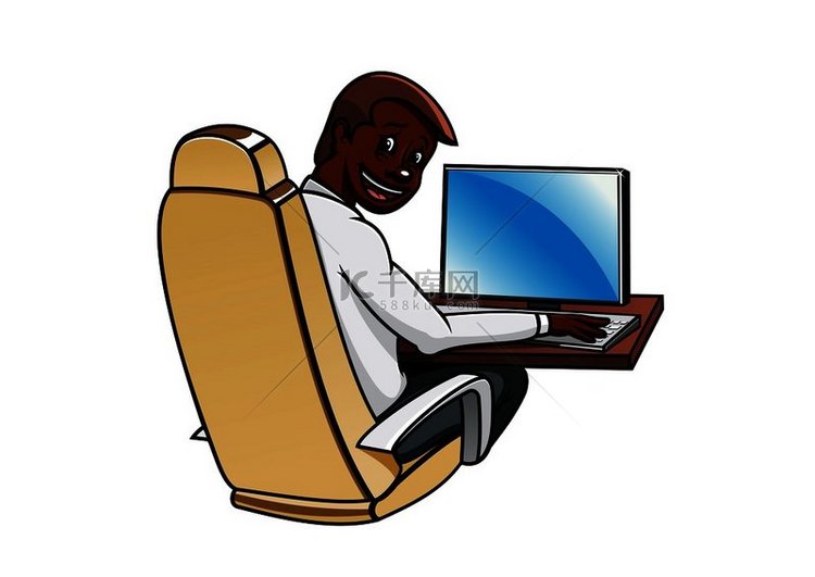 在台式电脑前工作的黑皮肤商人坐