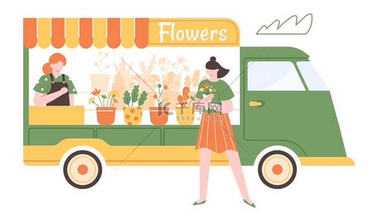 鲜花摊位、花卉市场卡车、街头商