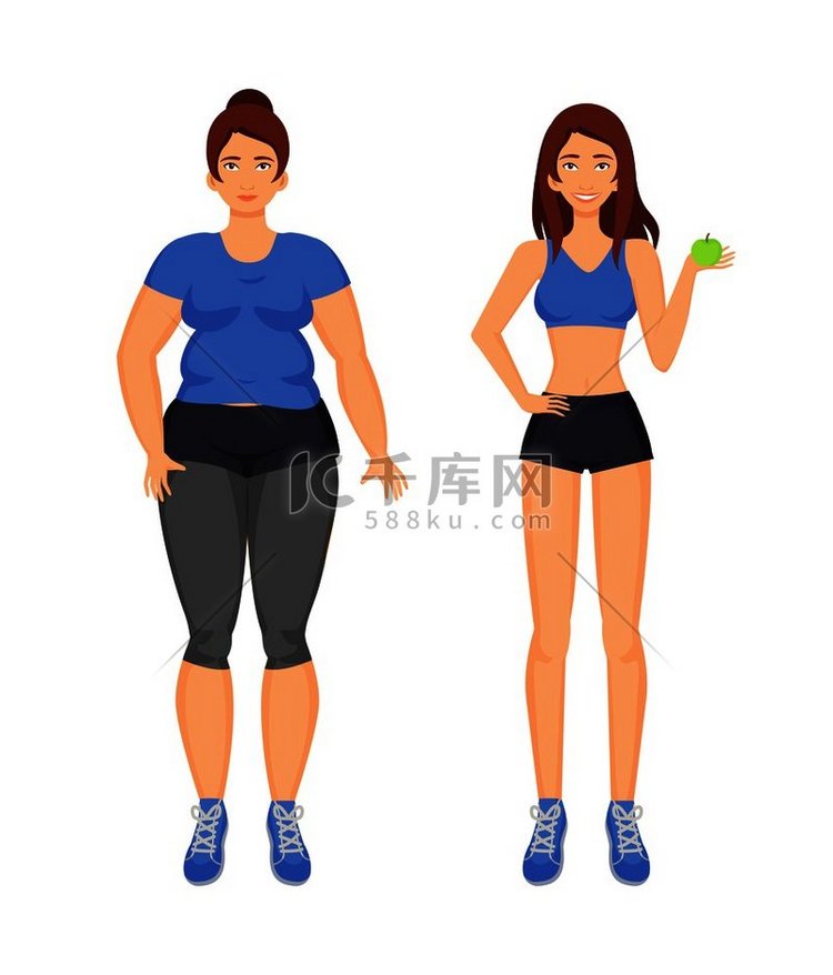 女性肥胖和运动型女士孤立的图标