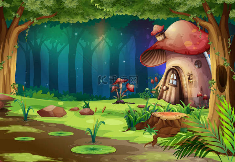 蘑菇房子在黑暗的森林例证