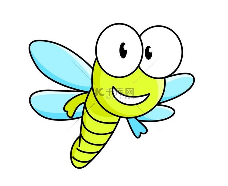 有趣的飞行蜻蜓卡通风格白色隔离