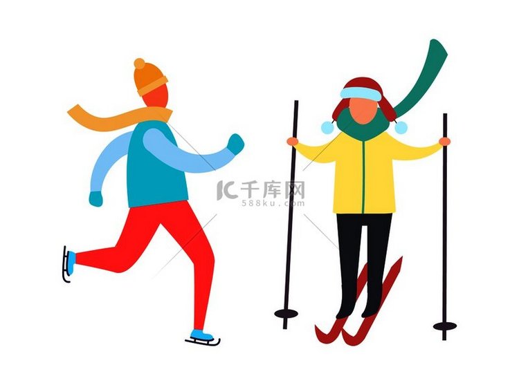 儿童手持滑雪杖和滑冰冬季运动活